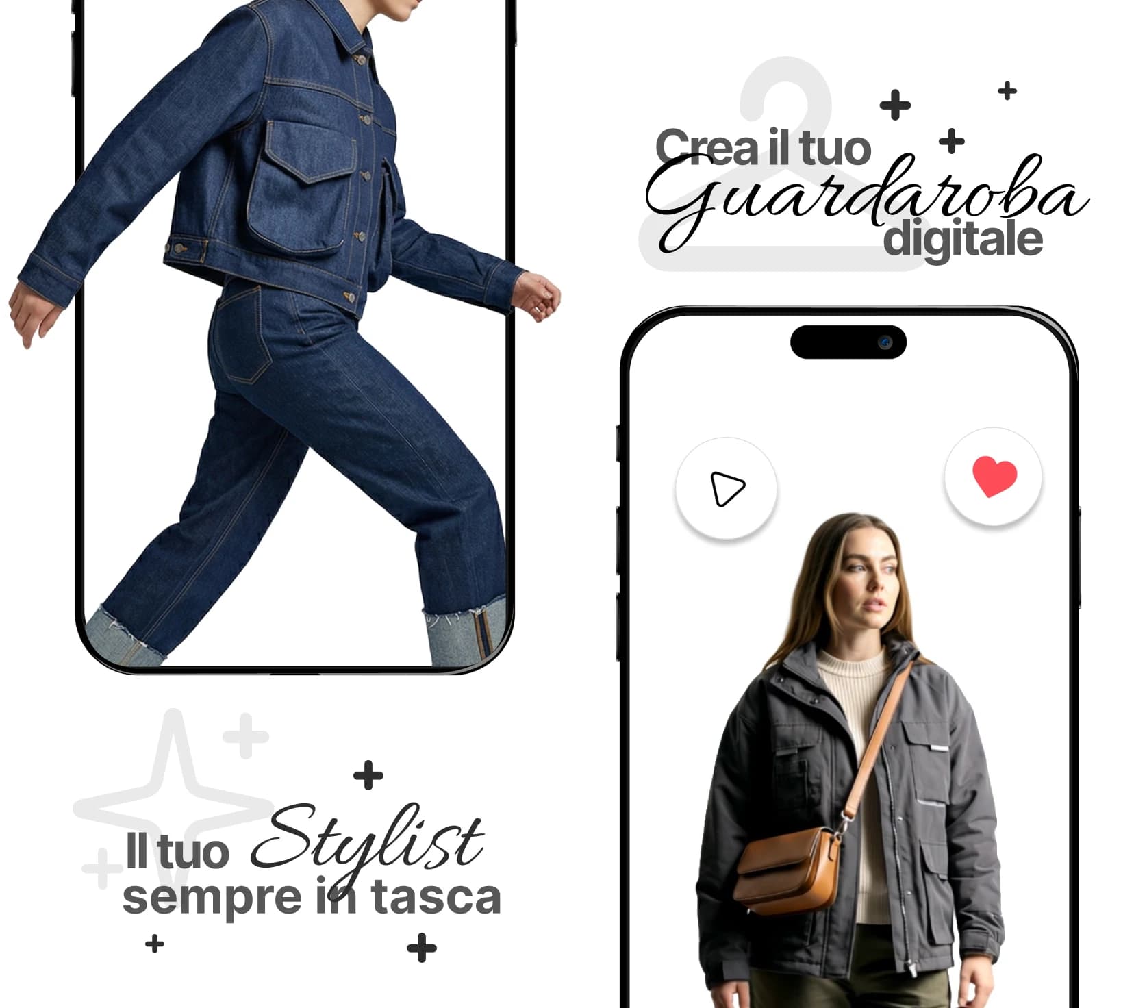 The Vestre app on two smartphones: your stylist always in your pocket and your digital wardrobe